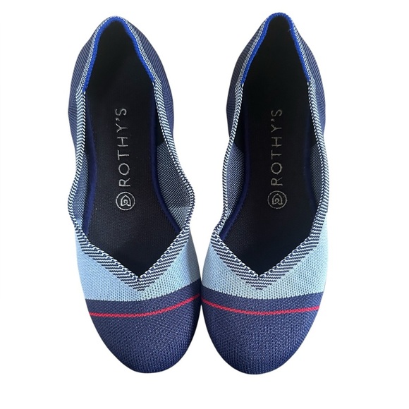 Rothy’s Navy Light Blue Red Stripe Colorblock Rounded Flats Size 8.5 - Picture 2 of 10